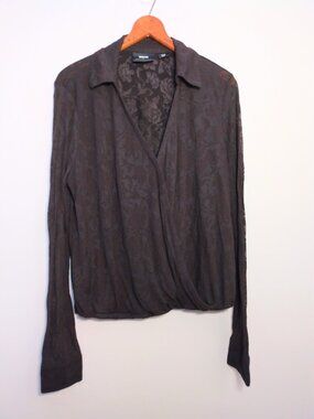 Maeve Anthropologie Blouse Surplice Deep V Neck Draped Top Black Lrg Faux Wrap